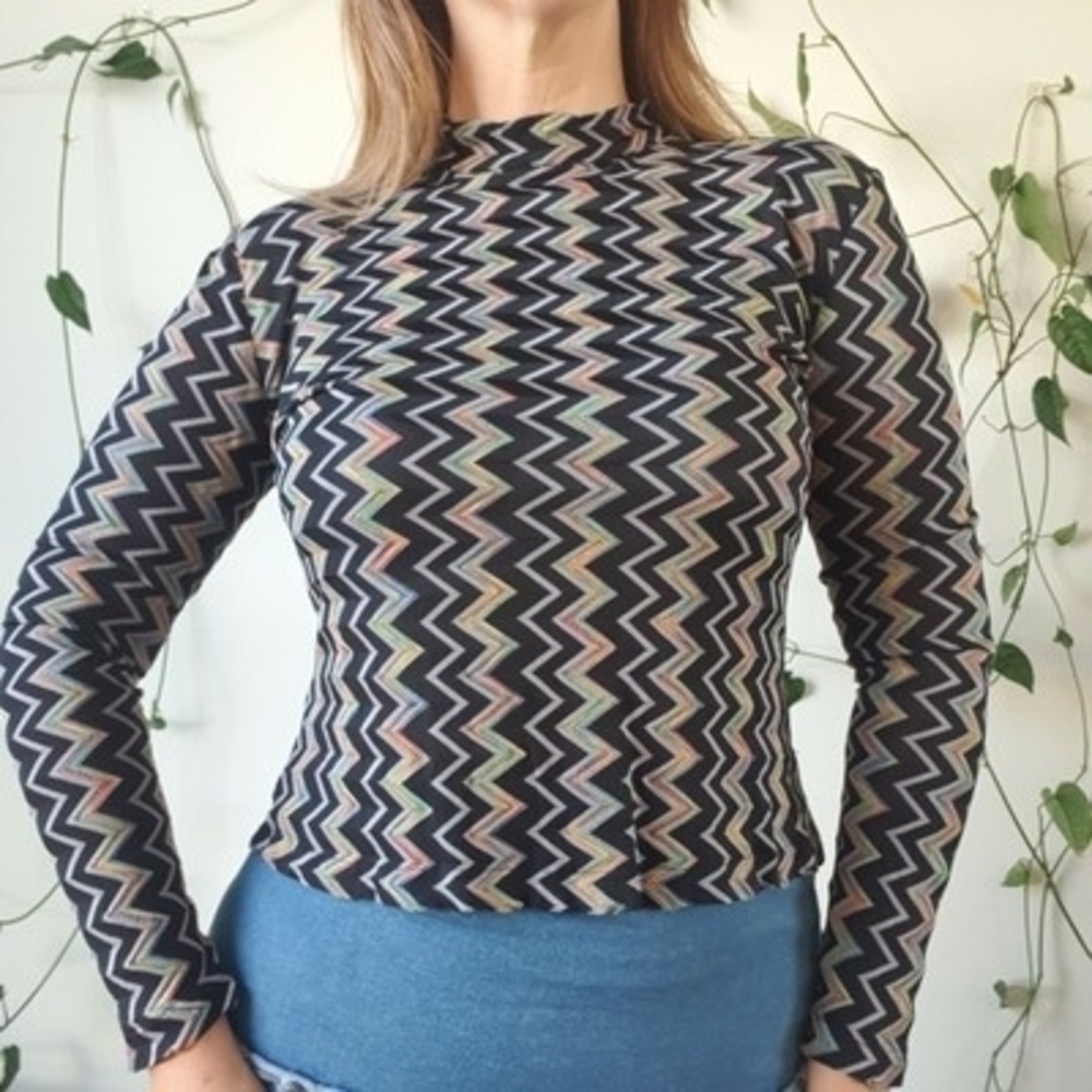 Vintage 80s 90s Zigzag Mockneck Longsleeve Knit Top